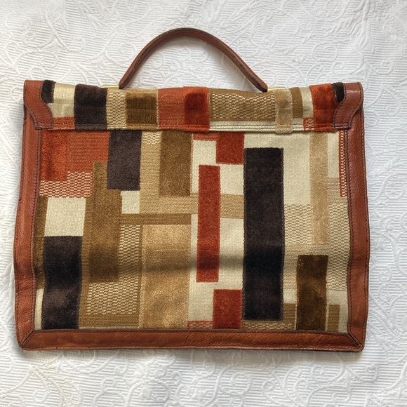 Vintage Hand Bag. Leather Trim, Geometric Fabric Stripes - Picture 2 of 9